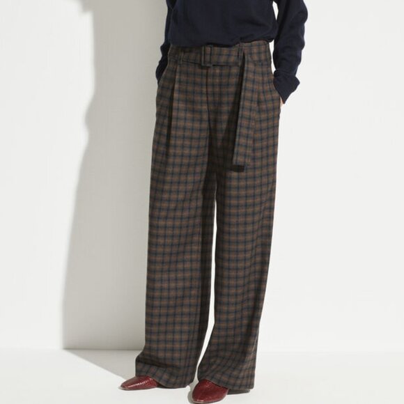VINCE Belted Plaid Wide Leg Trouser Pants Mahogany Plaid Women's Size 6 - Picture 1 of 8
